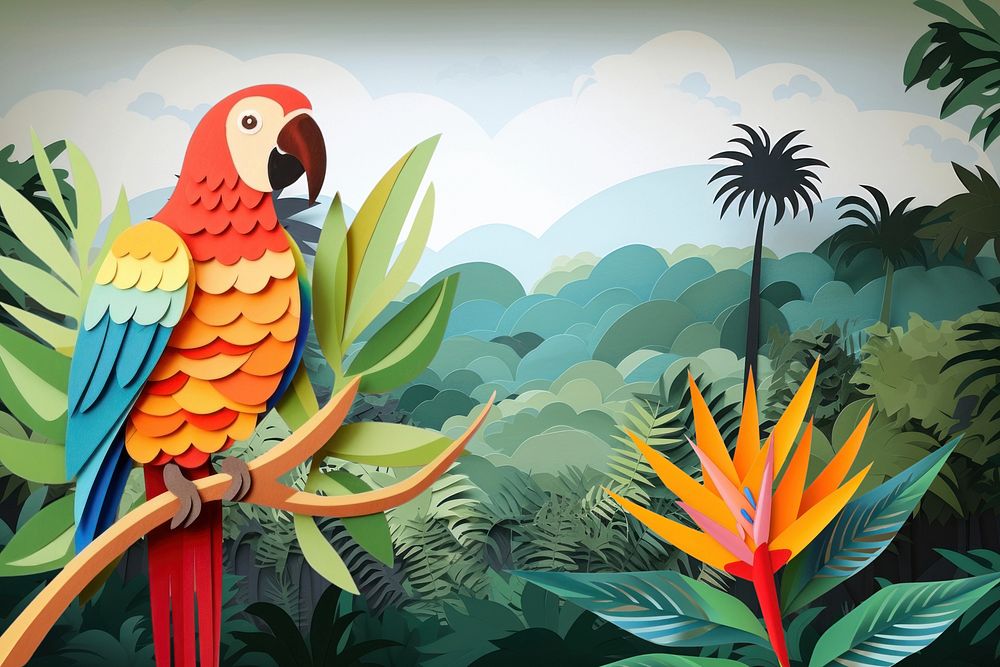 Parrot in jungle, creative paper craft collage