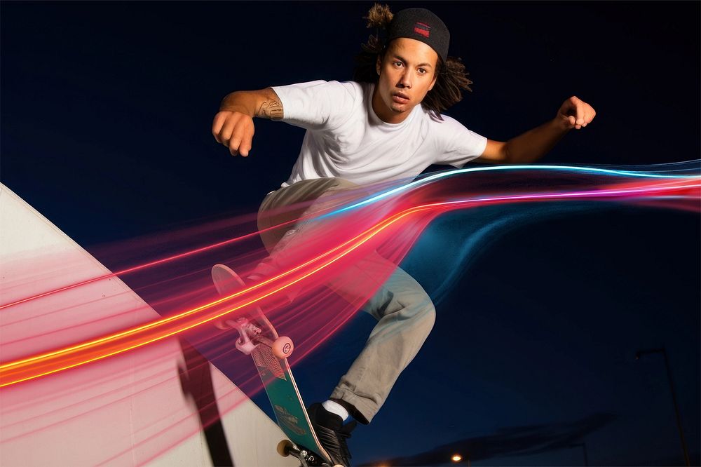 Man skating with digital light effect