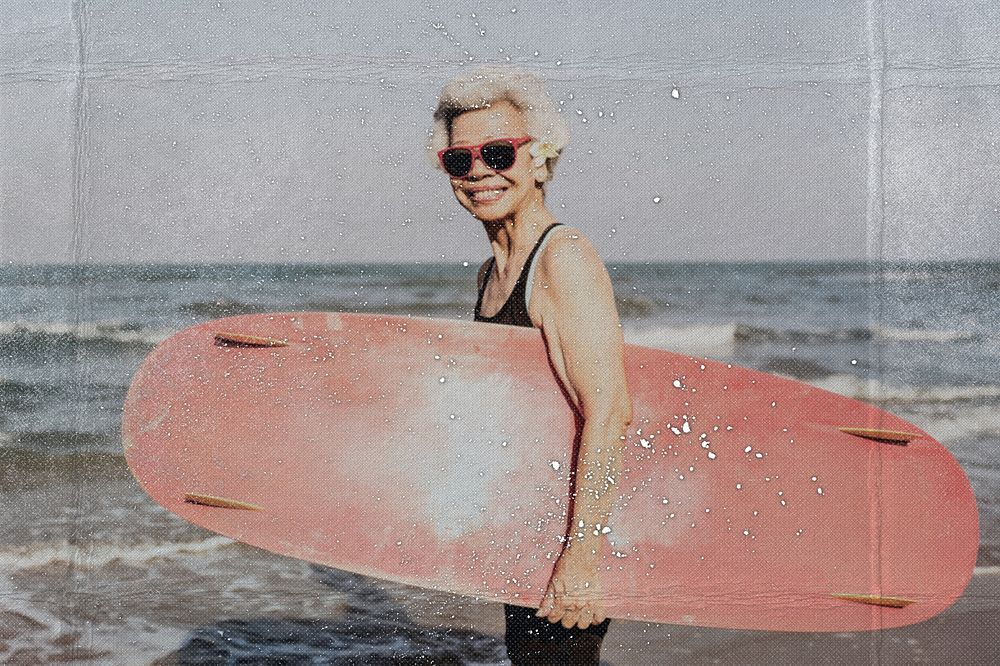 Senior woman surfing with paper texture effect