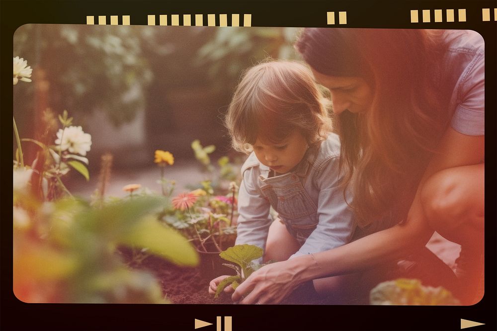 Mother and son gardening, analog film strip