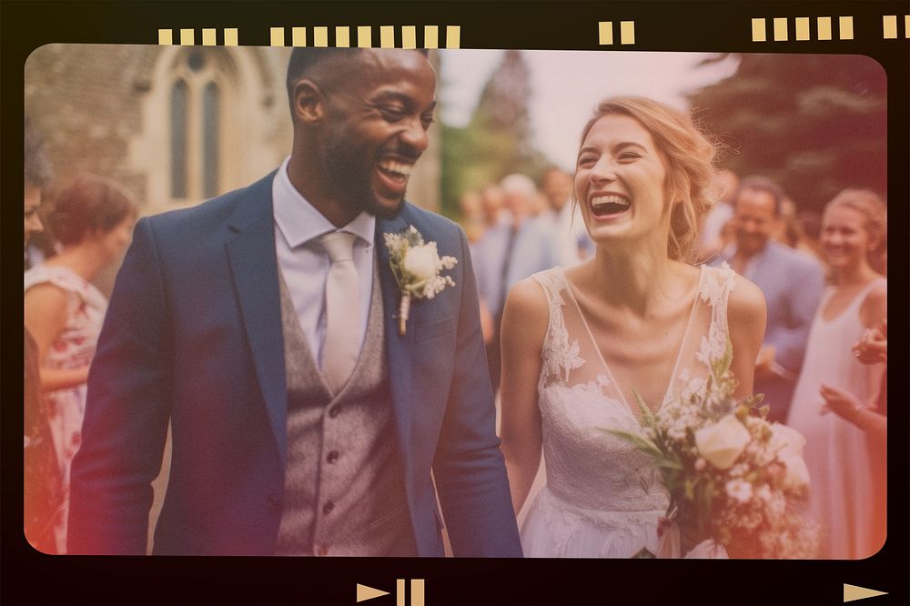 Happy couple at wedding, analog film strip