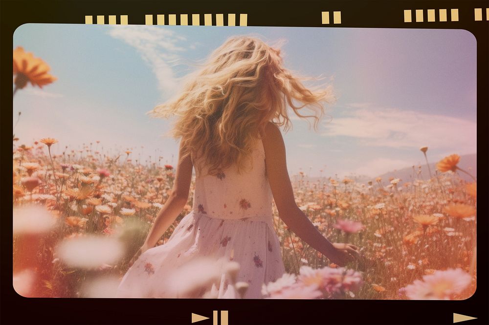 Woman in flower field, analog film strip
