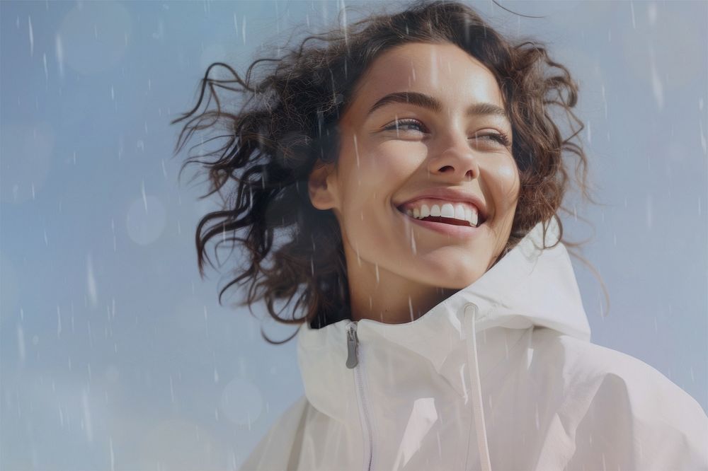Happy woman smiling, rain design