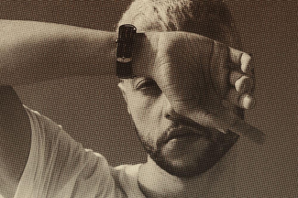 Man covering face, vintage vibes grain design