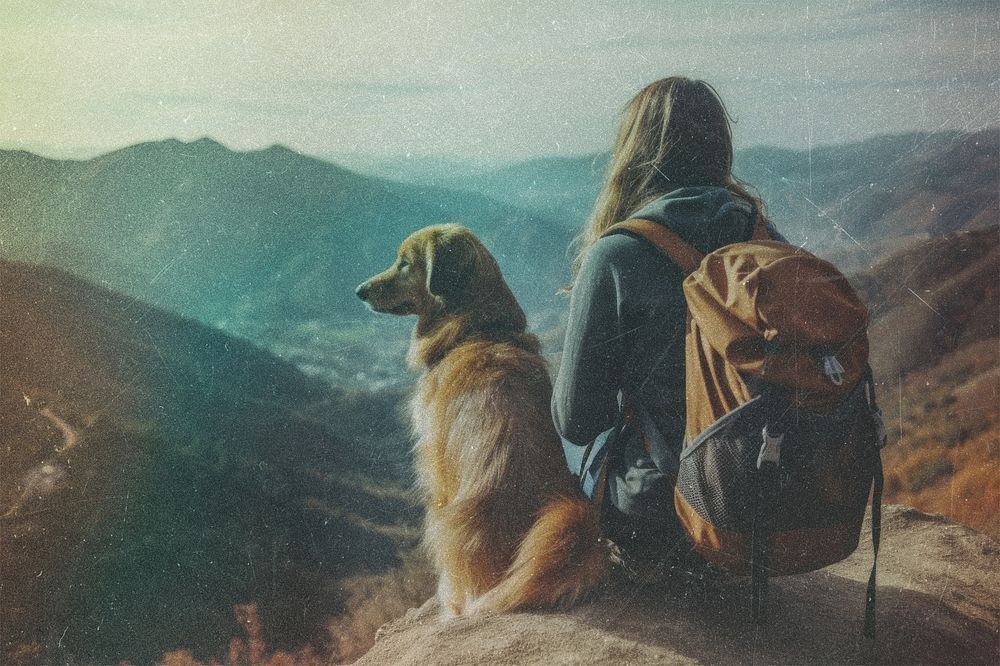 Woman and dog hiking, vintage vibes grain design