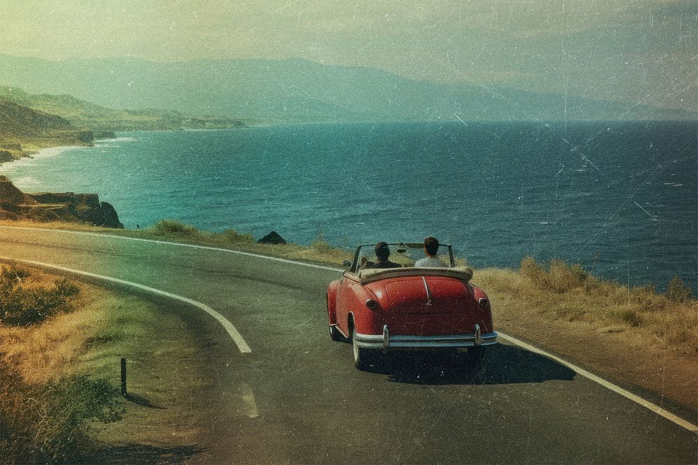 Vintage red car, road trip, vintage vibes grain design