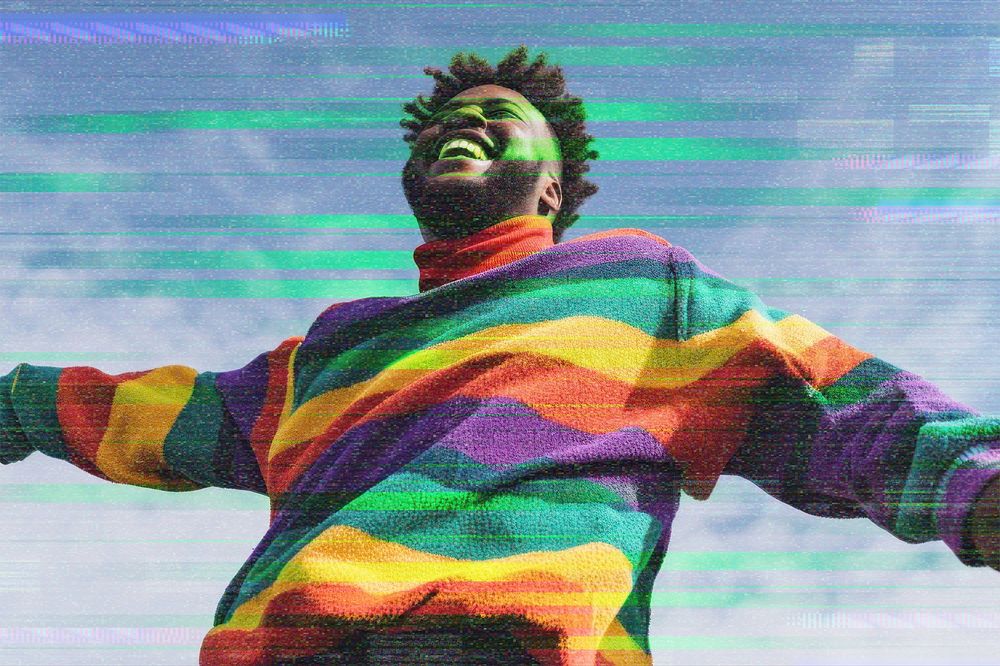 Happy man in colorful sweater, glitch design