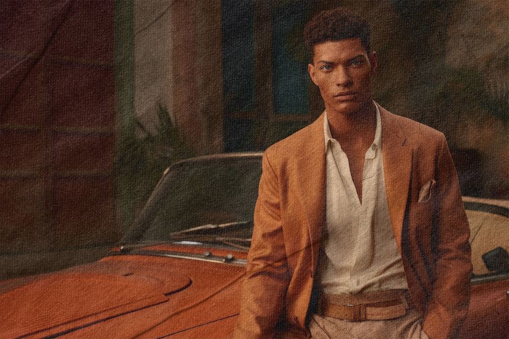 Man with vintage car, paper textured image
