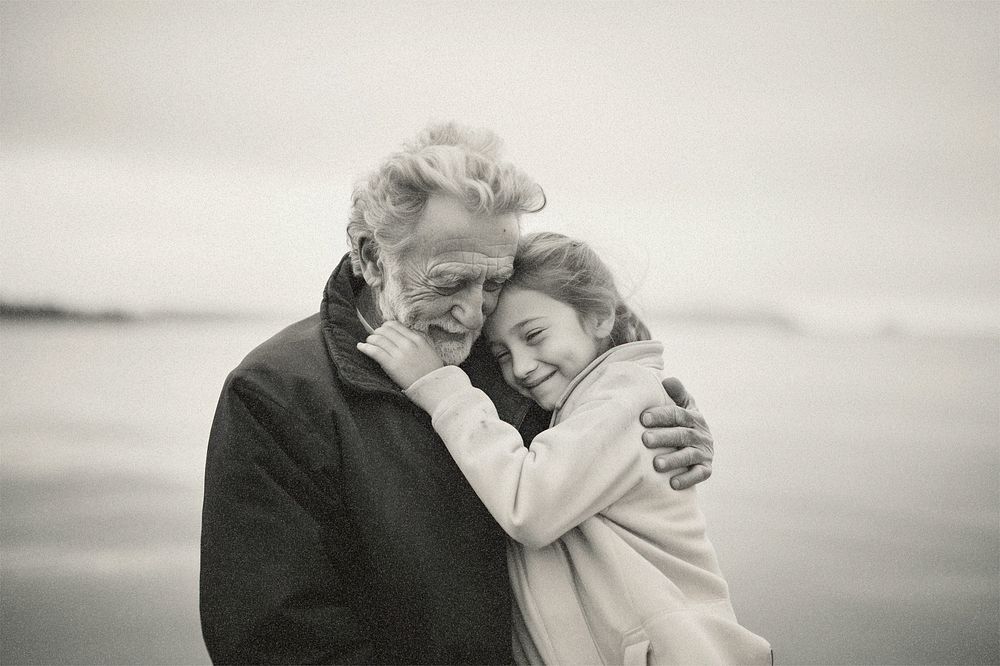 Grandfather and granddaughter with film grain effect