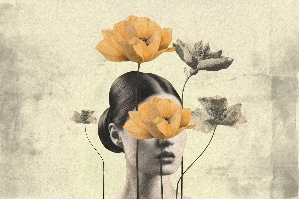 Woman and flowers  image with paper texture effect