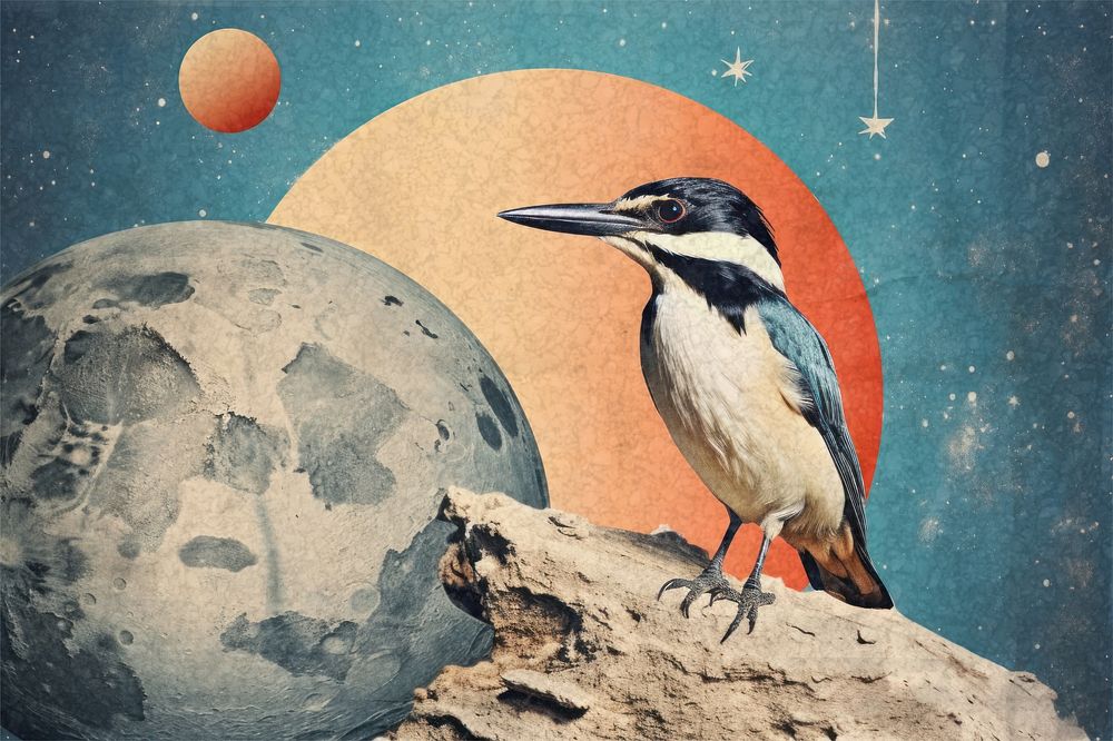 Surreal bird and space  image with paper texture effect