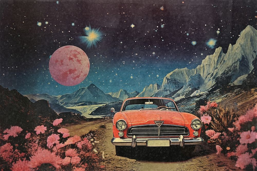 Surreal car in space  image with paper texture effect