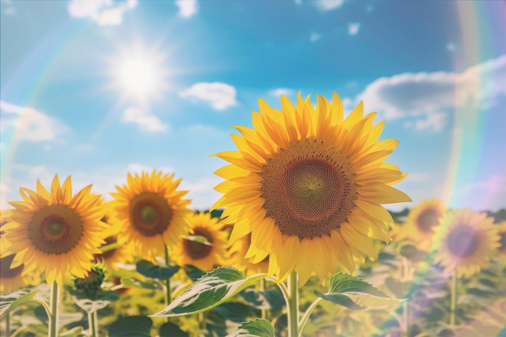 Sunflower field  image with light flare effect