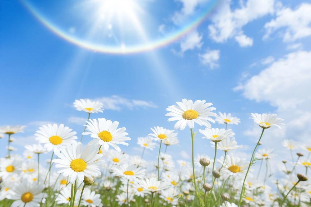 Daisy flower field with sunlight effect