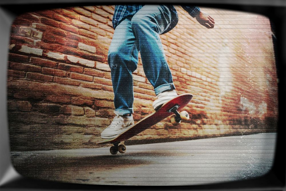 Skateboarding photo with old TV effect