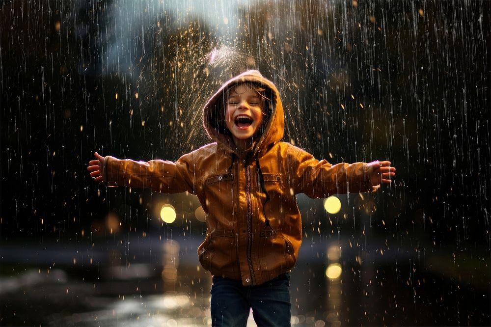 Boy in raincoat with rain effect