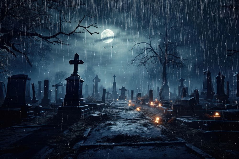 Graveyard at night with rain effect