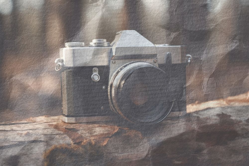 Retro film camera, wrinkled paper texture