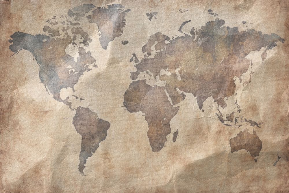 Retro world map, wrinkled paper texture