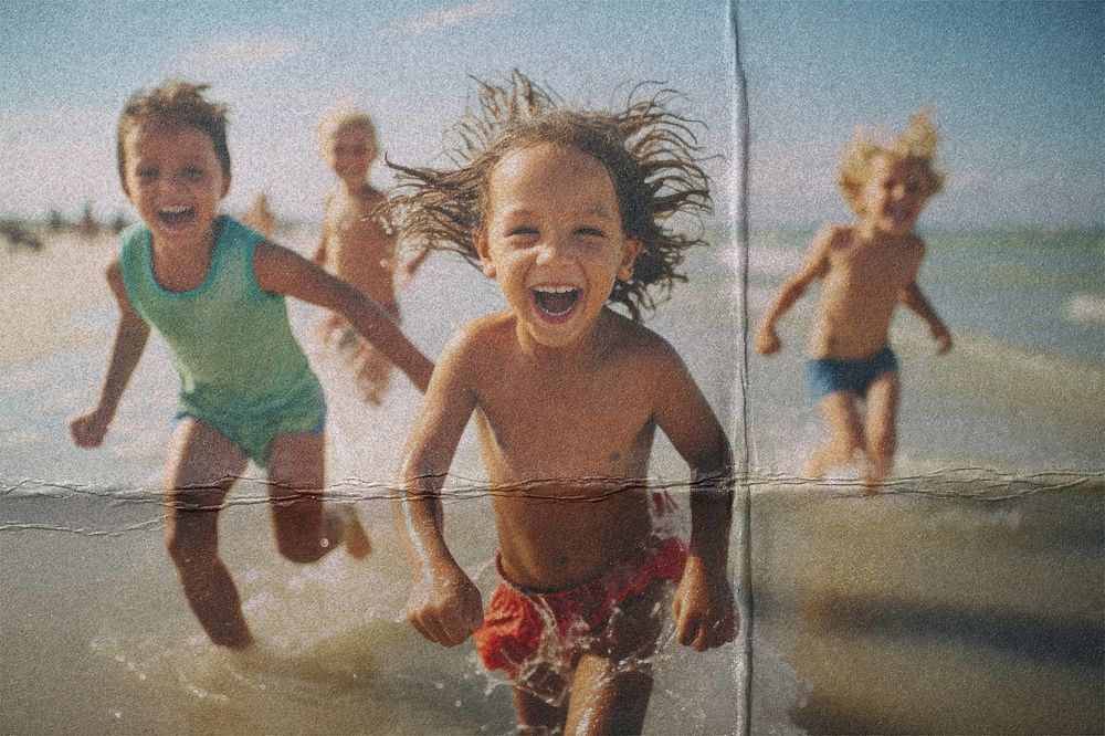 Happy kids on Summer beach, fold paper texture
