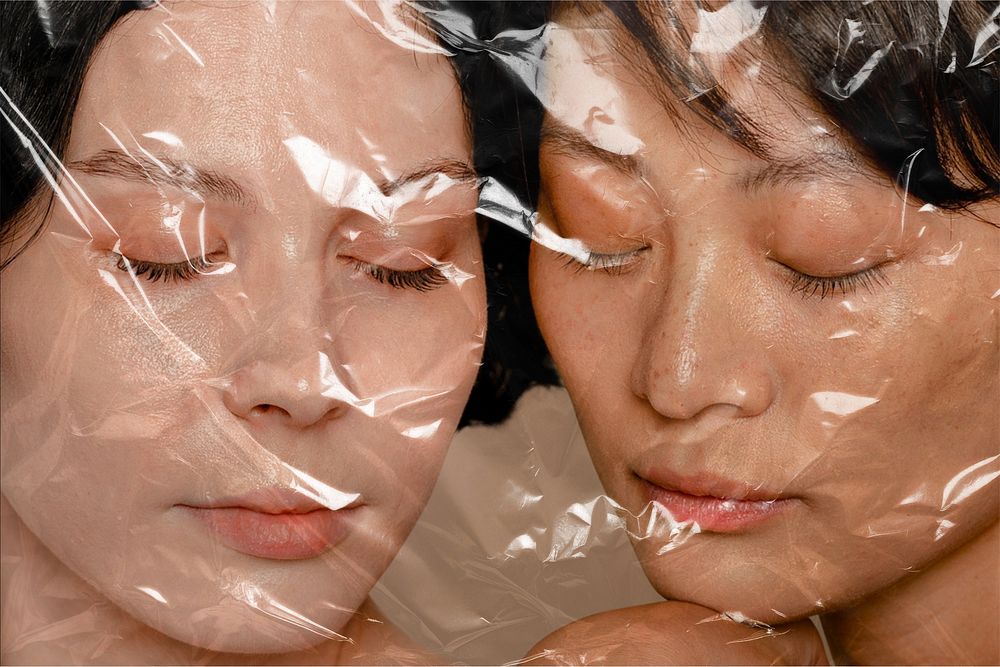 Women with healthy skin, plastic wrap texture