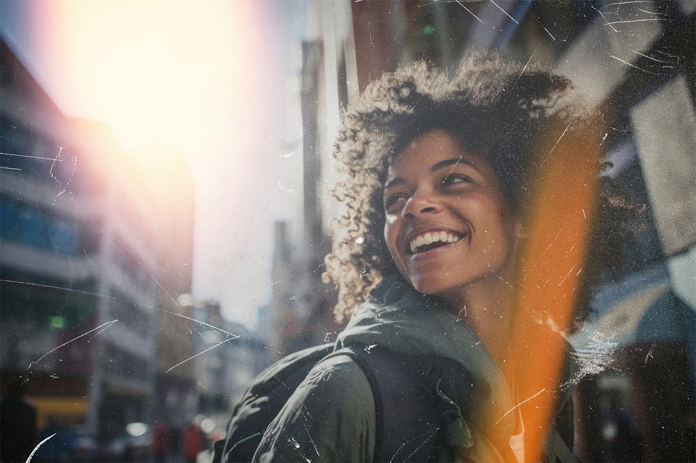 Happy woman, flare light