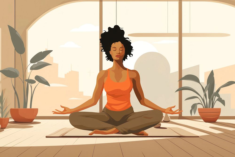 Yoga woman, home meditation, aesthetic illustration