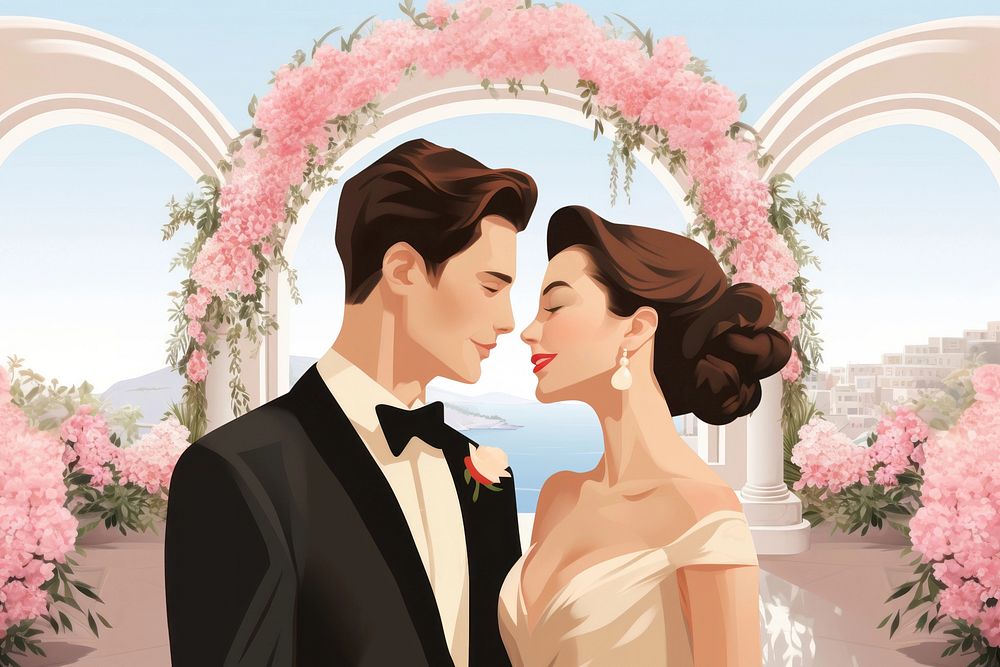 Newlywed couple, wedding, aesthetic illustration