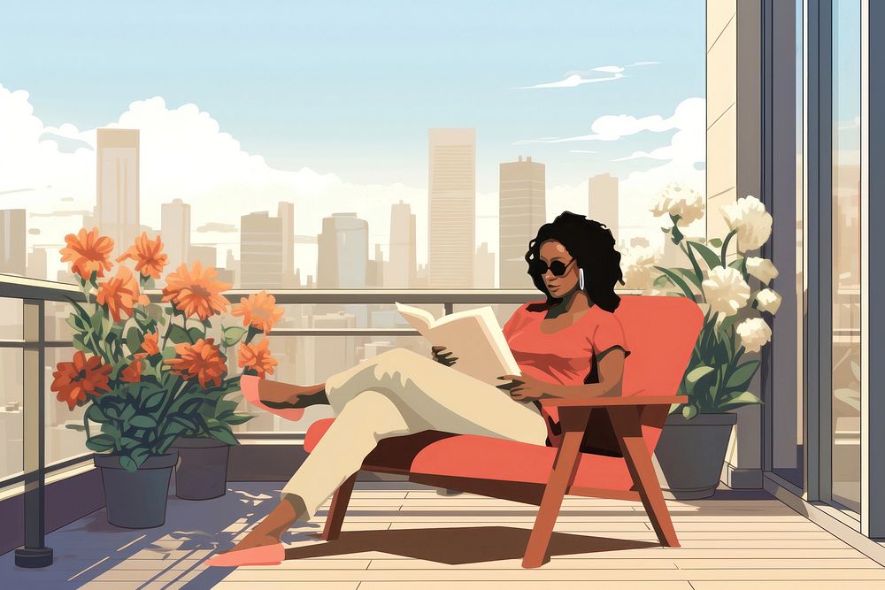 Woman reading magazine, aesthetic illustration