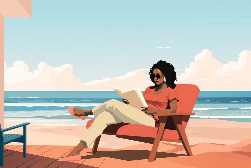 Woman reading magazine, aesthetic beach illustration