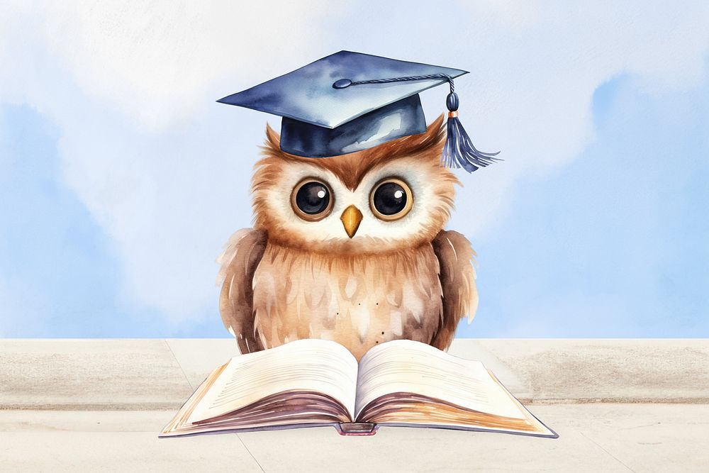 Graduate owl reading a book, watercolor illustration remix