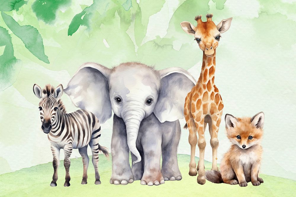 Cute wild animals, watercolor illustration remix