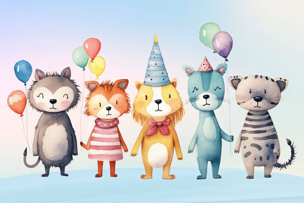 Cute animal birthday party cartoon, watercolor illustration remix