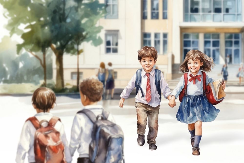 Little students walking home after school, watercolor illustration remix