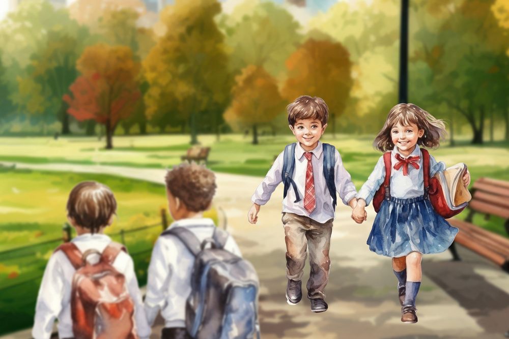 Little students walking home after school, watercolor illustration remix