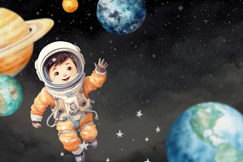 Astronaut in space background, watercolor illustration remix