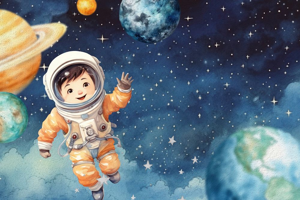 Astronaut in space background, watercolor illustration remix