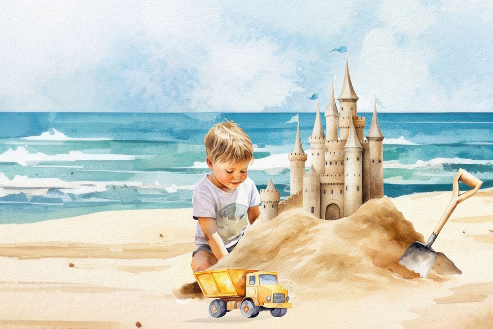 Boy building sand castle by the beach, watercolor illustration remix