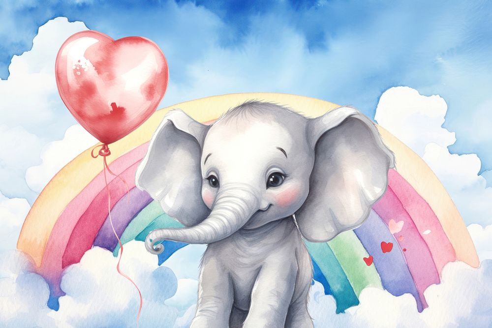 Cute little elephant cartoon, watercolor illustration remix