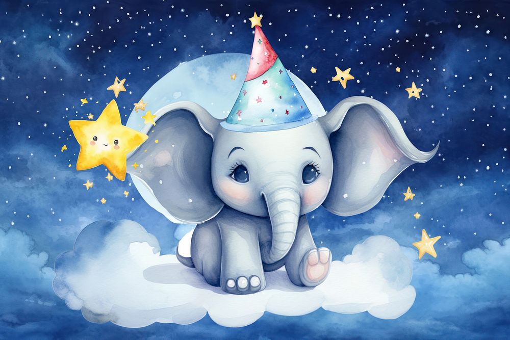 Cute little elephant cartoon, watercolor illustration remix