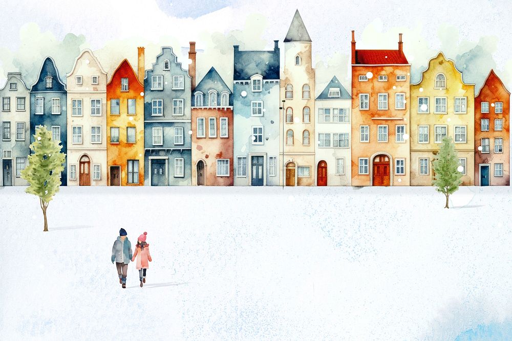 Colorful European buildings background, watercolor illustration remix