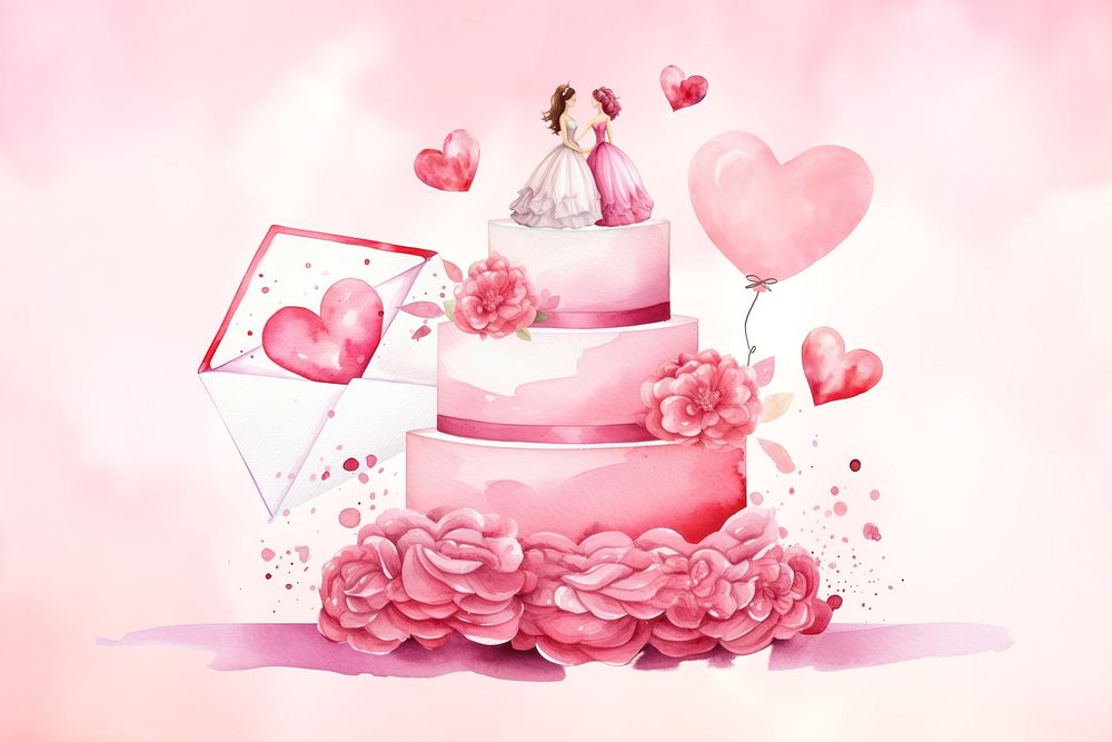Pink wedding cake, watercolor illustration remix
