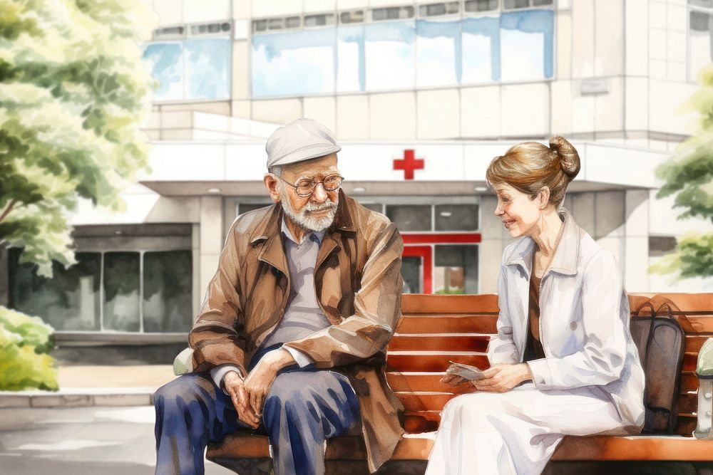 Doctor sitting with a patient, watercolor illustration remix