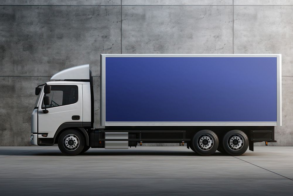 Blue trailer truck, transporting vehicle with design space