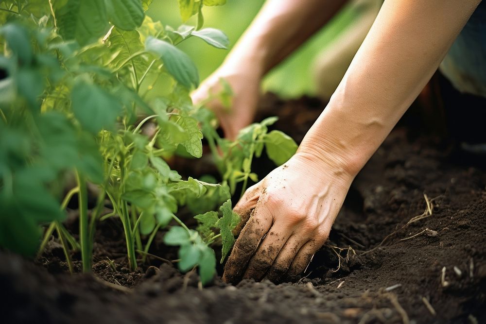 Gardening woman outdoors planting. 