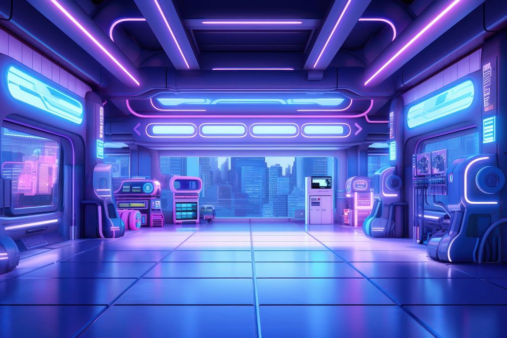 Neon garage cartoon purple architecture.