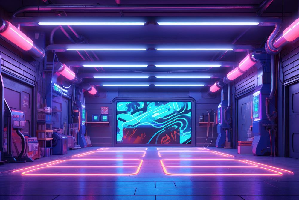 Neon garage cartoon architecture illuminated. AI generated Image by rawpixel.