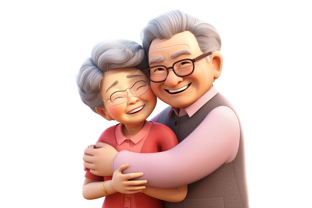 Senior asian couple hugging portrait glasses cartoon. AI generated Image by rawpixel.