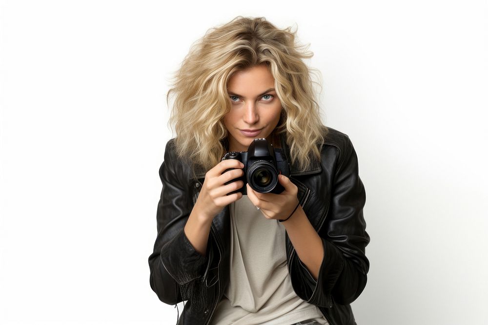 Woman photographer portrait camera jacket. AI generated Image by rawpixel.