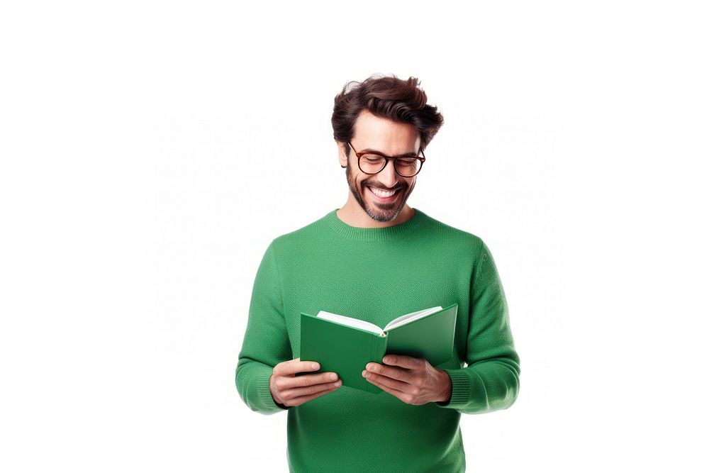 Man hold pinkbook read beaming shiny smile enjoy wear spectacles green pullover portrait glasses sweater. 